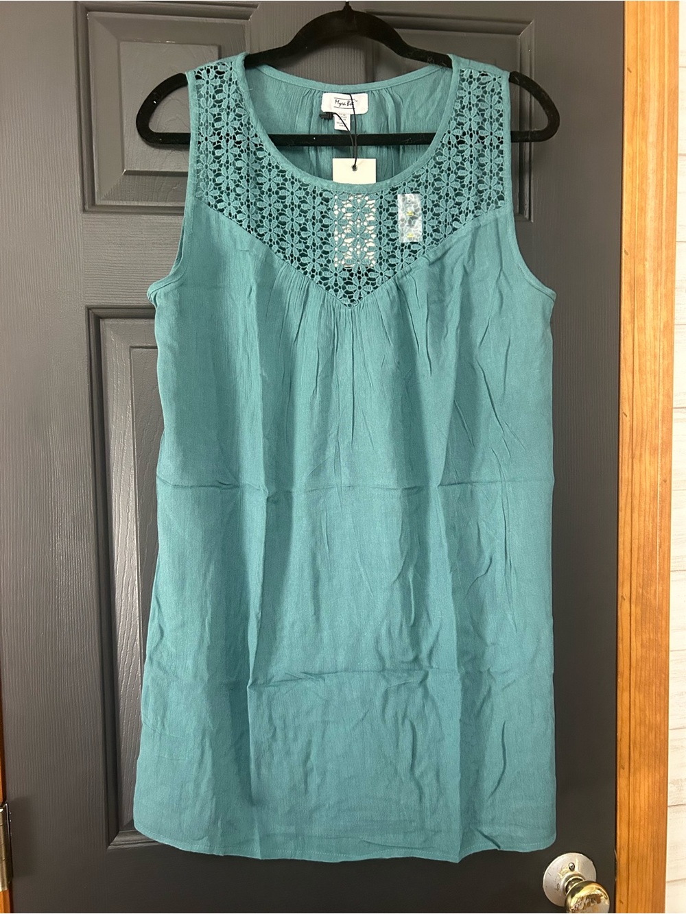 Sleeveless Crochet Yoke Teal Shift Dress by Myra Bag